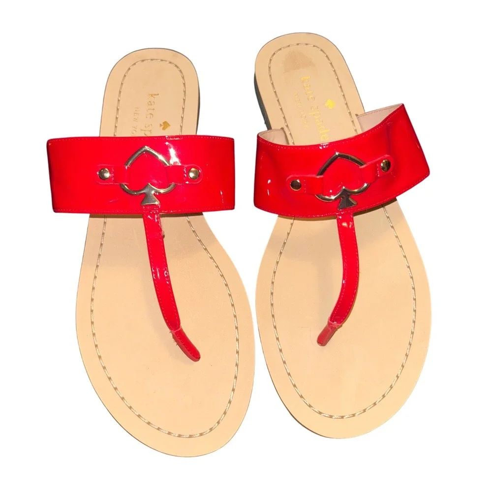 KATE Spade Red Patent Leather Thong Sandals Womens 8.5 Flat Slides NWOT